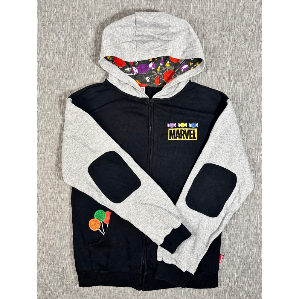 Marvel Comics Candy Graphic Zip Up Hoodie Black Gray Mens Small Fleece Hooded